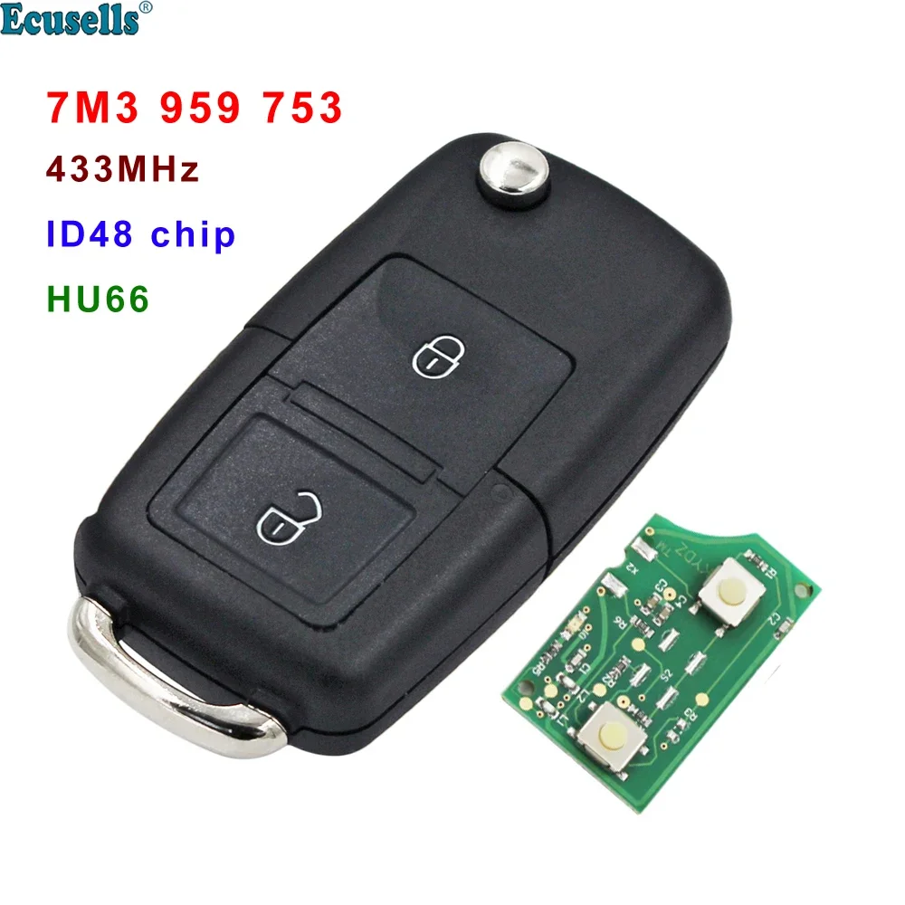 

2 Button Folding Flip 433MHZ Remote Car Key with ID48 Chip 7M3 959 753 for for Sharan Model (2004+) HU66 BLADE