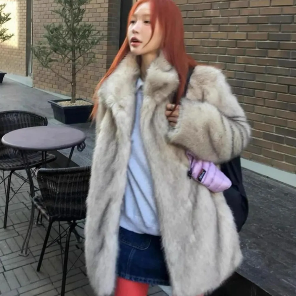 Winter Beige with black tips Stand Collar Hairy Shaggy Faux Fur Jacket Retro Long Sleeve Soft Furry Coat Mid Long Outerwear