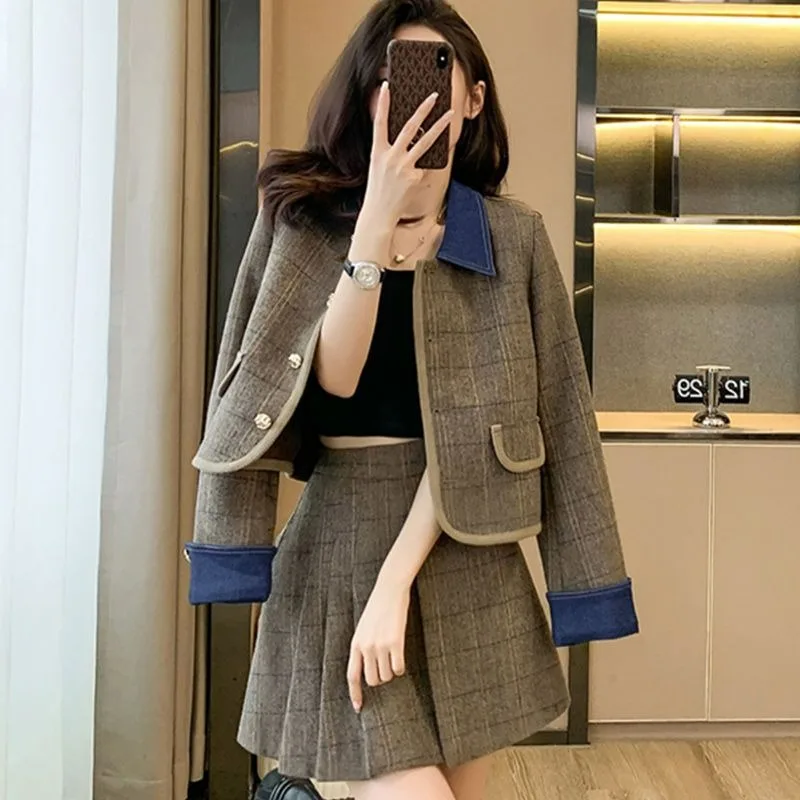 Autumn New Small Fragrant Style Design Short Coat Thin Two-piece Set College Style Age-reducing Girl High-end Suit Skirt
