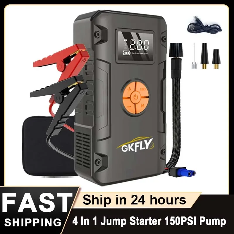 12V 4000A Car Jump Starter 4 In 1 Wireless Tire Inflator Pump Air Compressor Power Bank Potable Battery Starting Fast Charging