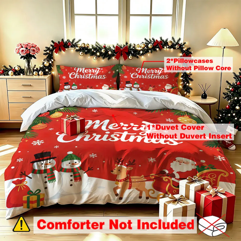 Christmas Duvet Cover Set 3Pcs Santa Sleigh Reindeer Snowman Merry Print Soft Microfiber Bedding with Pillowcases