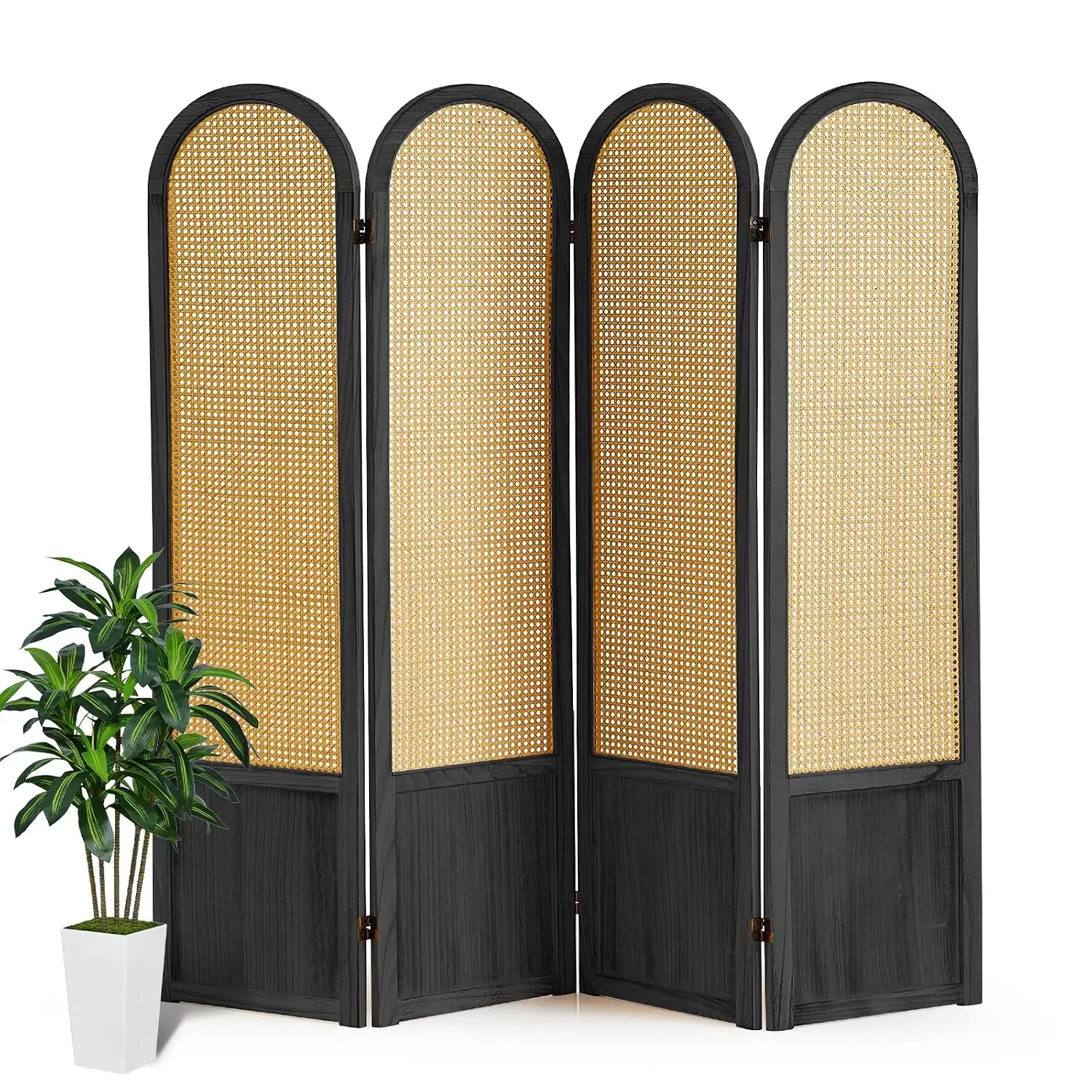 Rattan 4-Panel Folding Room Divider, Woven Privacy Screen, Freestanding Partition for Bedroom & Office, No Assembly, Customized