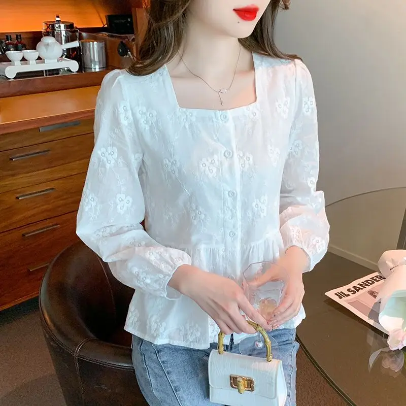 Spring Autumn New Solid Color Shirt Women Square Neck Fashion Long Sleeve Button Patchwork Cardigan High Street Embroidered Tops