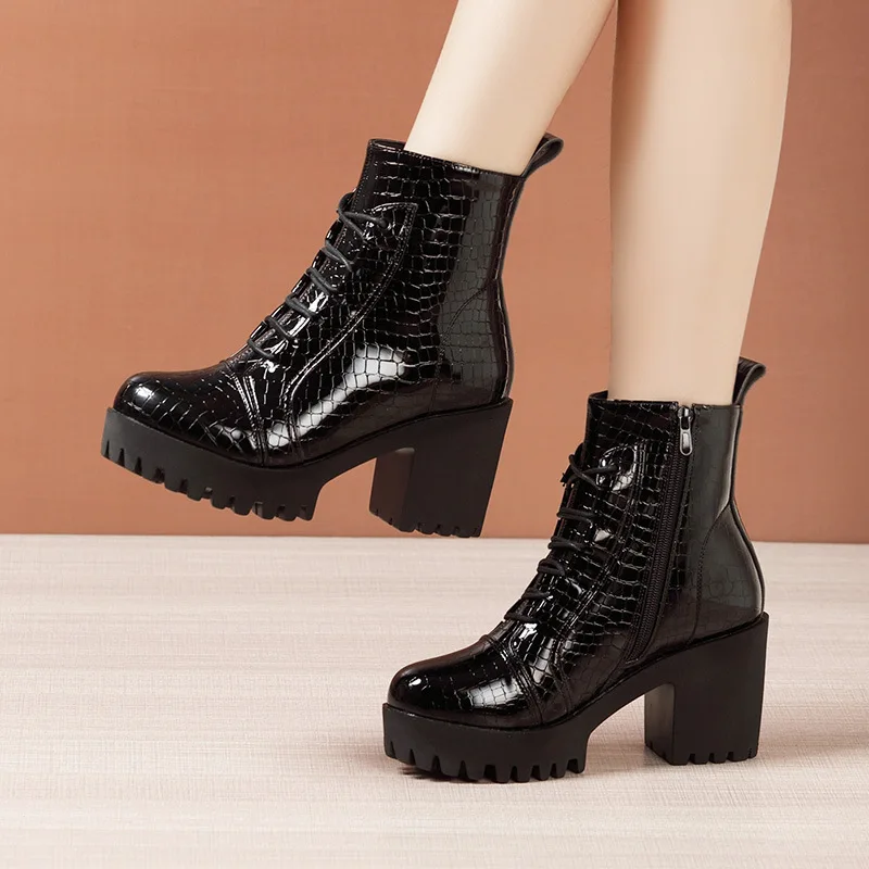 8cm Small Size 32-43 British Thick Bottom Platform Shoes Fall Winter 2024 Block High Heels Leather Short Ankle Boots for Women