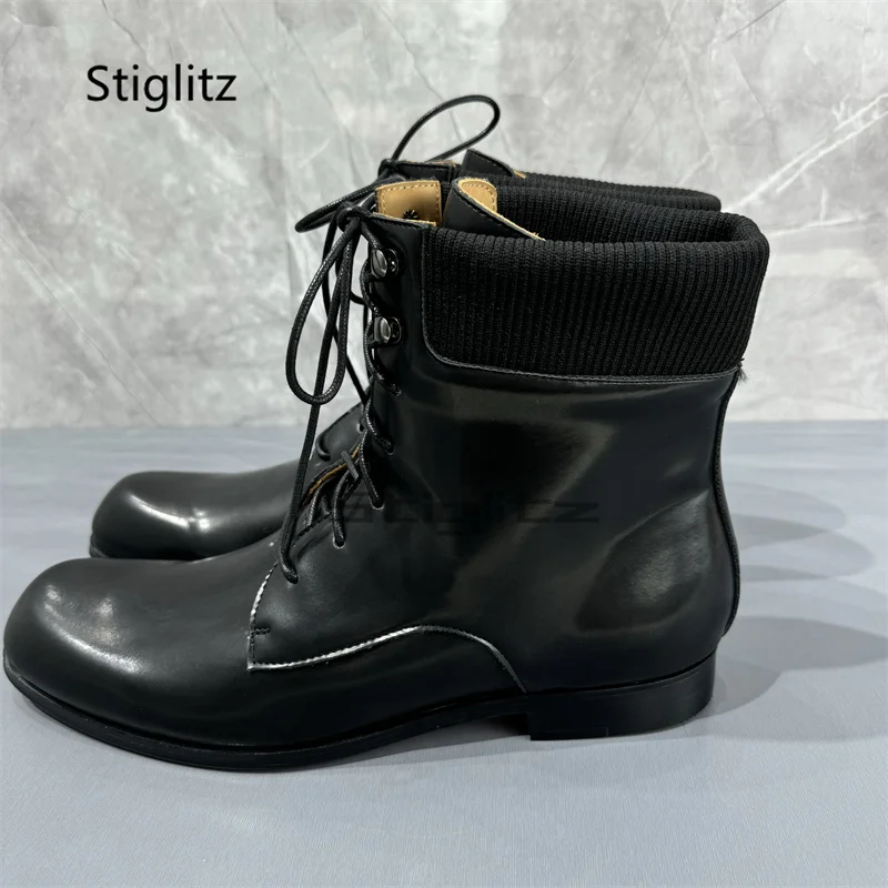 Black Genuine Leather Lace Up Ankle Boots for Men Round Toe Low-Heeled Winter Boots Casual Wear-Resistant Work Men's Shoes