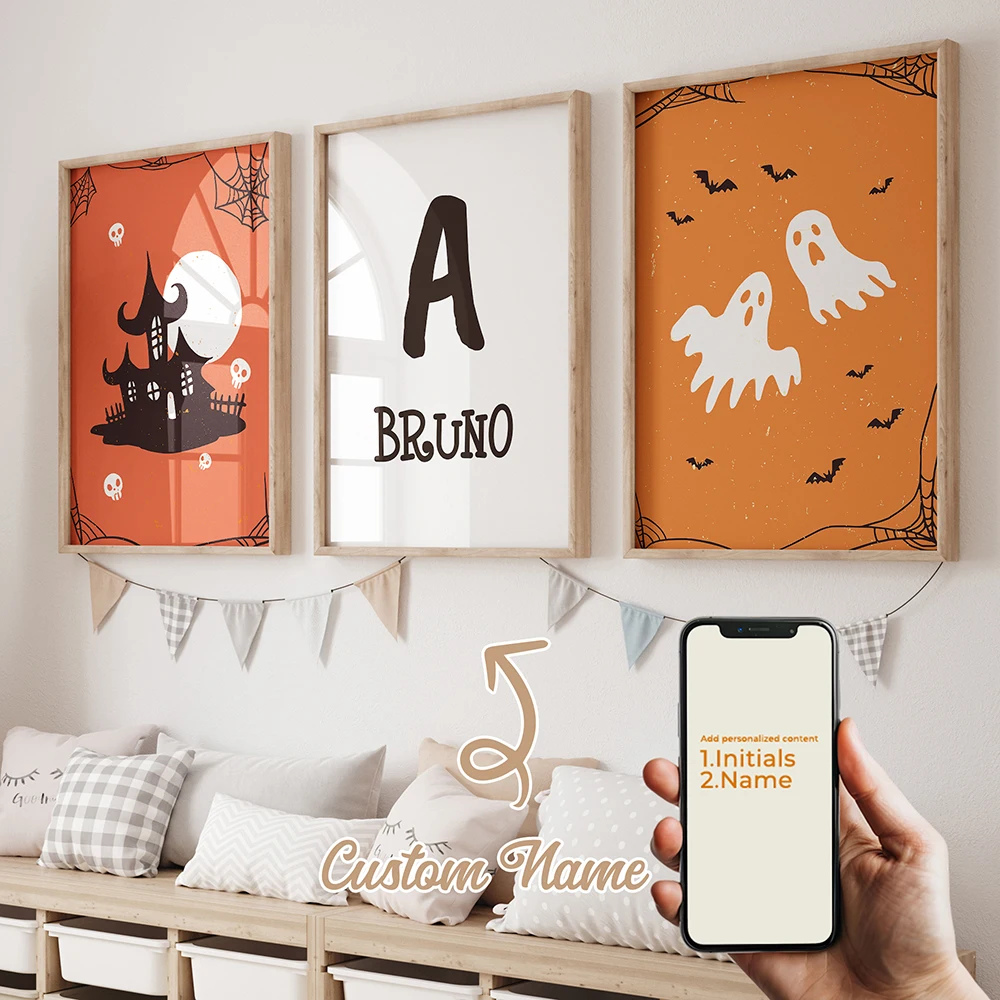 

3Pcs Personalized Custom Name Ghost Wall Art Printmaking Canvas Painting Poster Picture For Halloween Living Room Home Decor