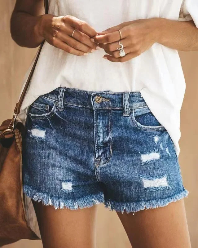 

Fringed Design Casual High Waist Denim Shorts. Summer Washed Ripped and "Make Old" Short Jeans for European and American Women