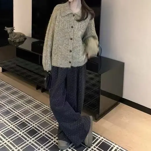 Autumn New Style Brushed Floral Casual Women's Thick and Warm Versatile Loose Floor Pants