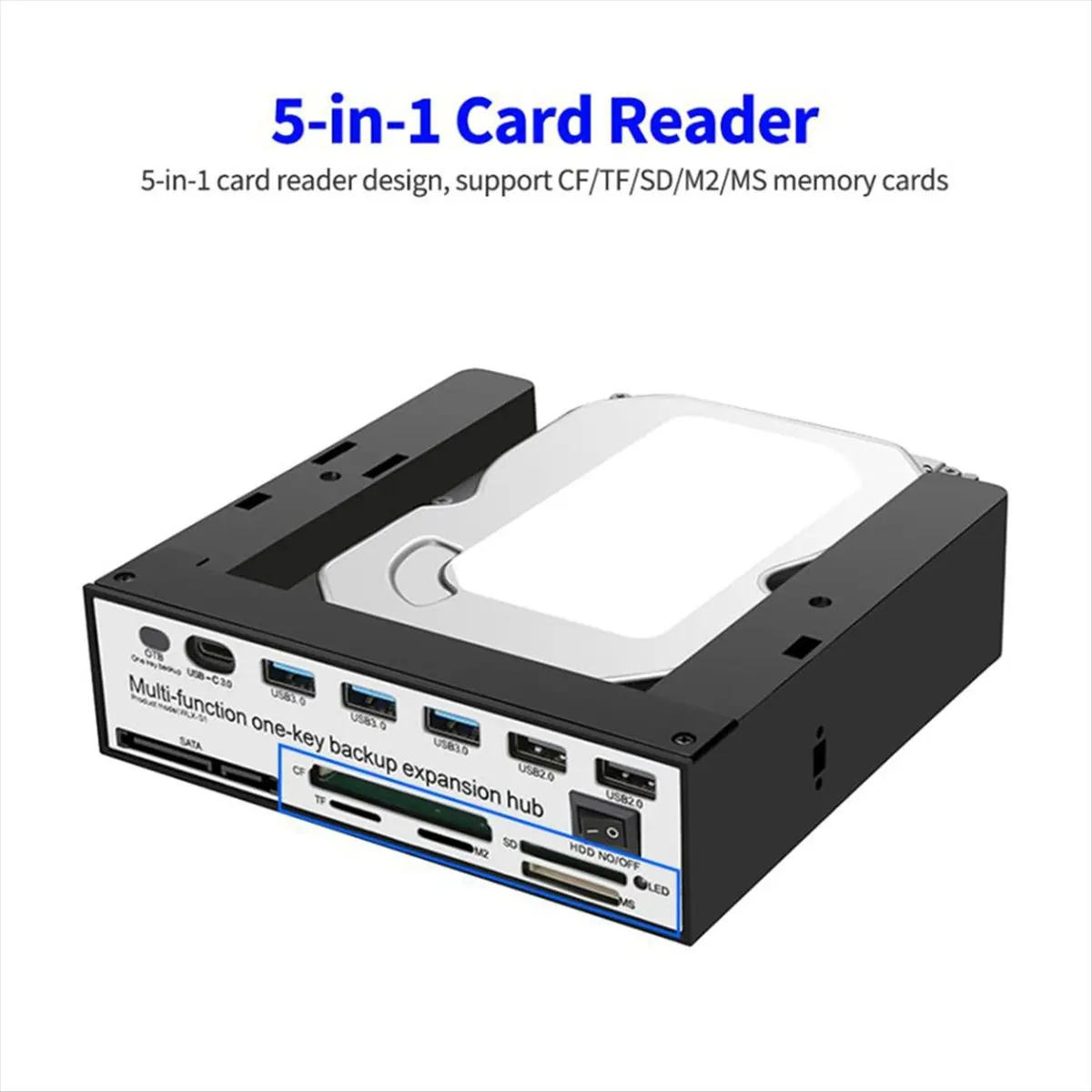 A64K 5.25 Inch Front Panel Expansion Hub with 3 USB3.0 2 USB2.0 Ports 5-In-1 Card Reader Support One-Key Backup Panel