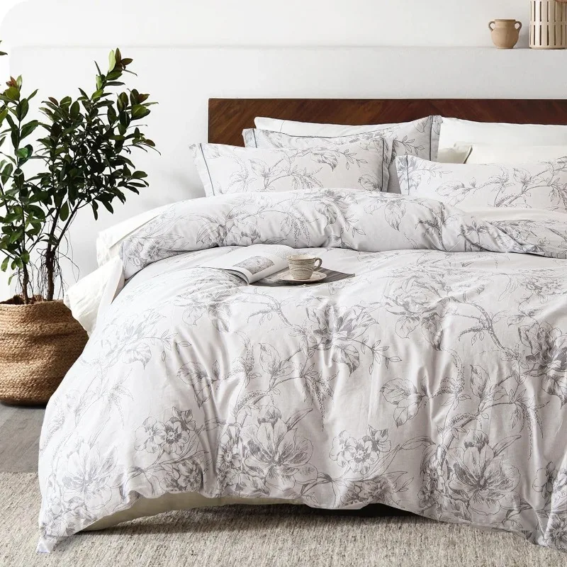 100% Natural Cotton 3pcs Floral Duvet Cover Sets-White with Gray Luxurious Flowers & Branches Pattern,Botanical Comforter Sets