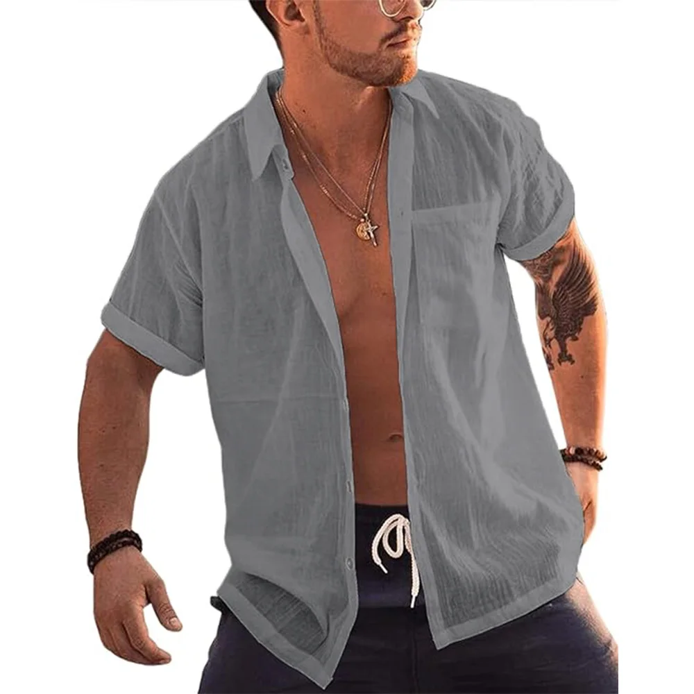 Mens Short Sleeve Button Up Shirts Linen Cotton Beach Tops Turn Down Collar Summer T Shirt with Pocket