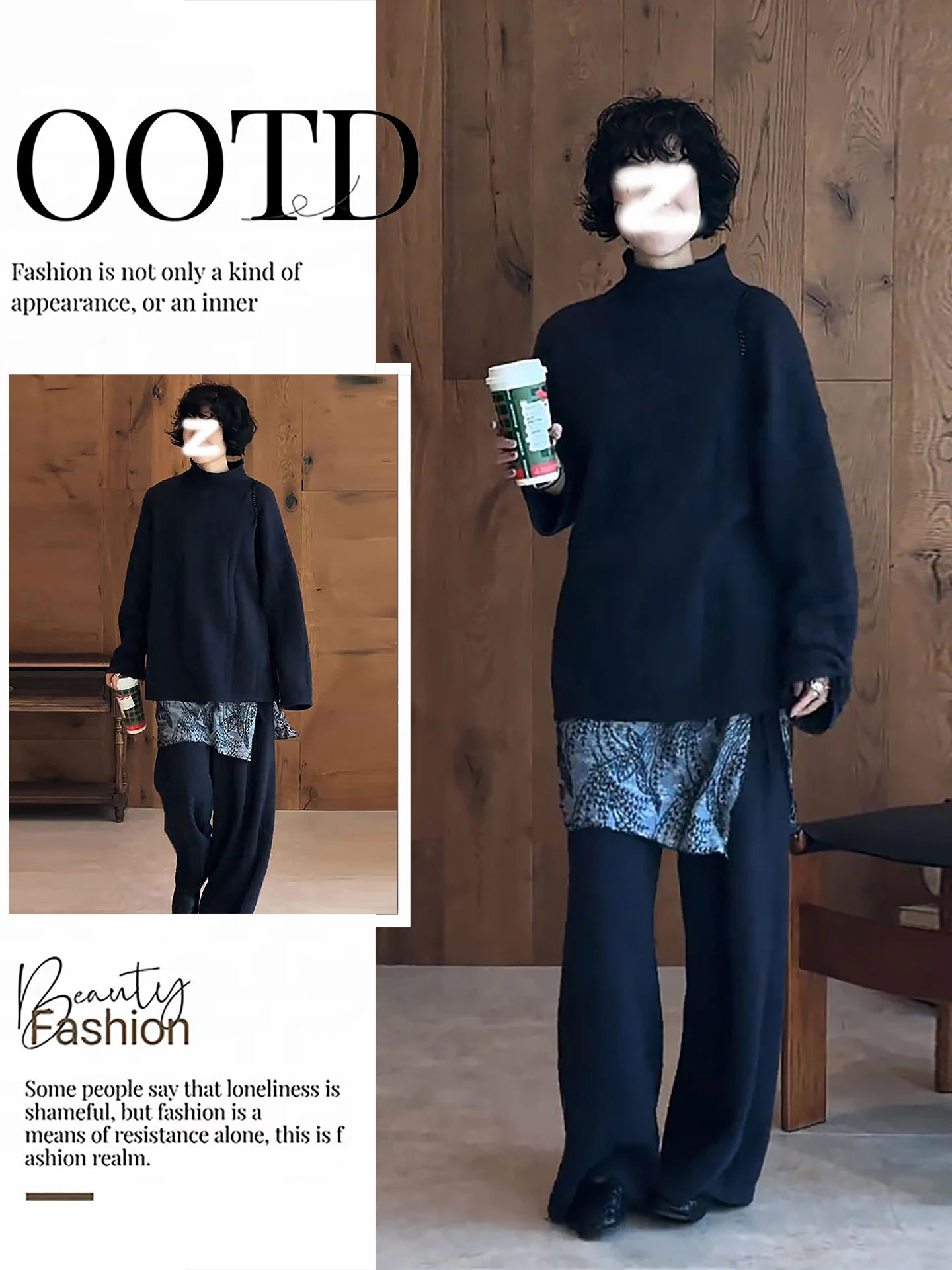 

Sli Winter Outfit Set Korean mat Loose High Collar Top Layered High Waist Wide Leg Pants Tee Piece Set