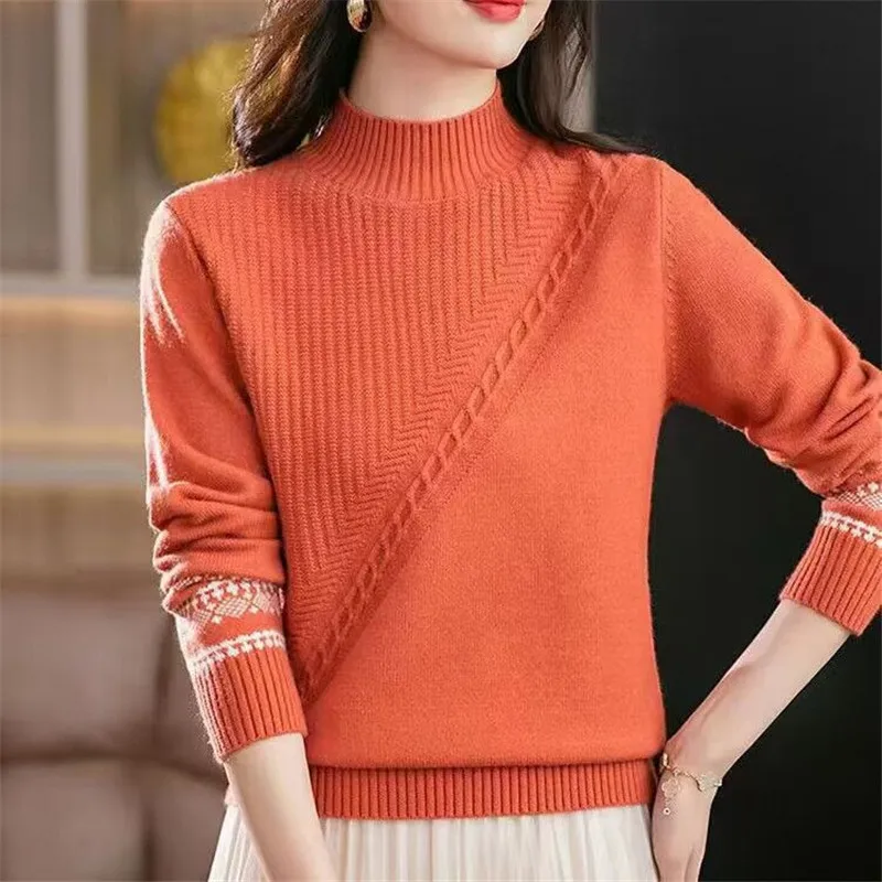 

Casual Thicken Half High Collar Knitwear Vintage Mother Pullovers Long Sleeve Tops Warm Autumn Winter Sweater Women Pull Jumper