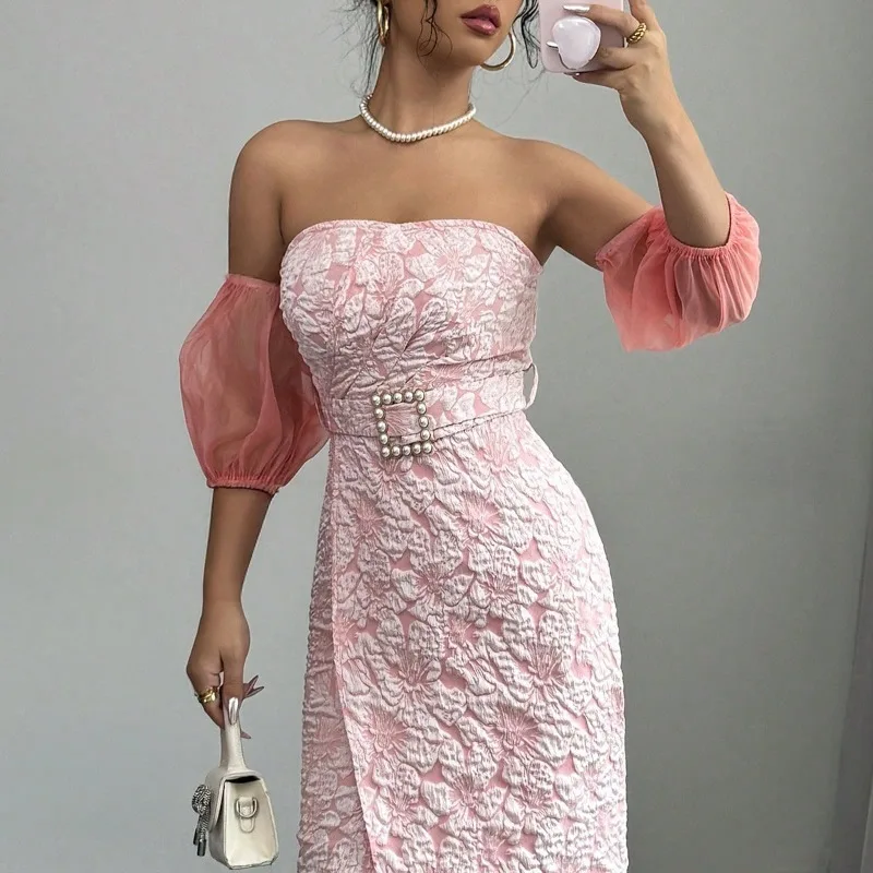

Women Medium Long Dress Sleeves Slim Tube Top Hip Waist Sexy
