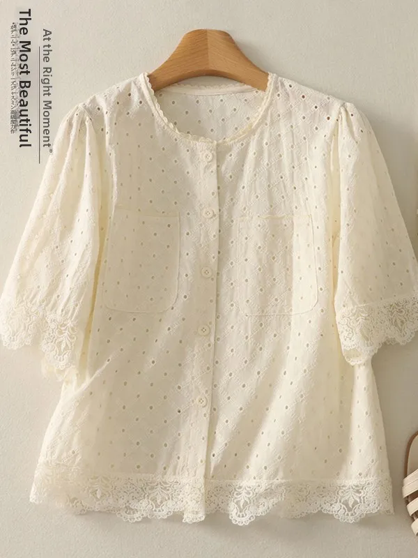

High-End Japanese Sle Lace Trim Splicing irt Hollow out ort Sve Cotton Linen Fre Sle Casual Commute Loose Fit