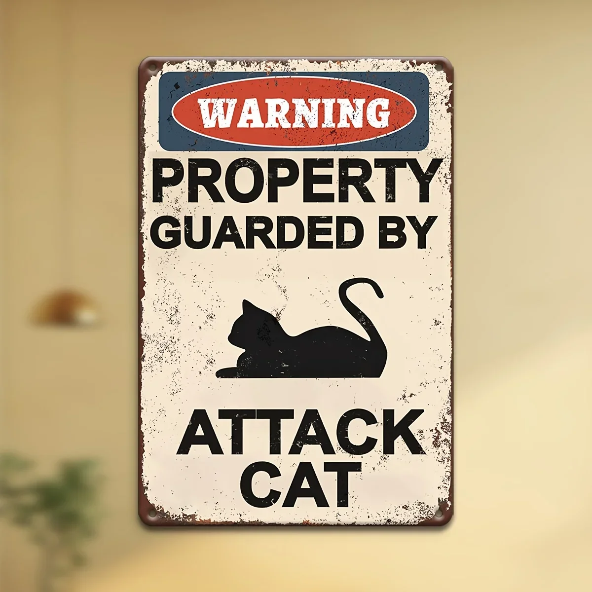 Vintage Aluminium Attack Cat Warnschild – Mehrzweck-Retro-Poster, Geschenk für Wanddekoration im Freien