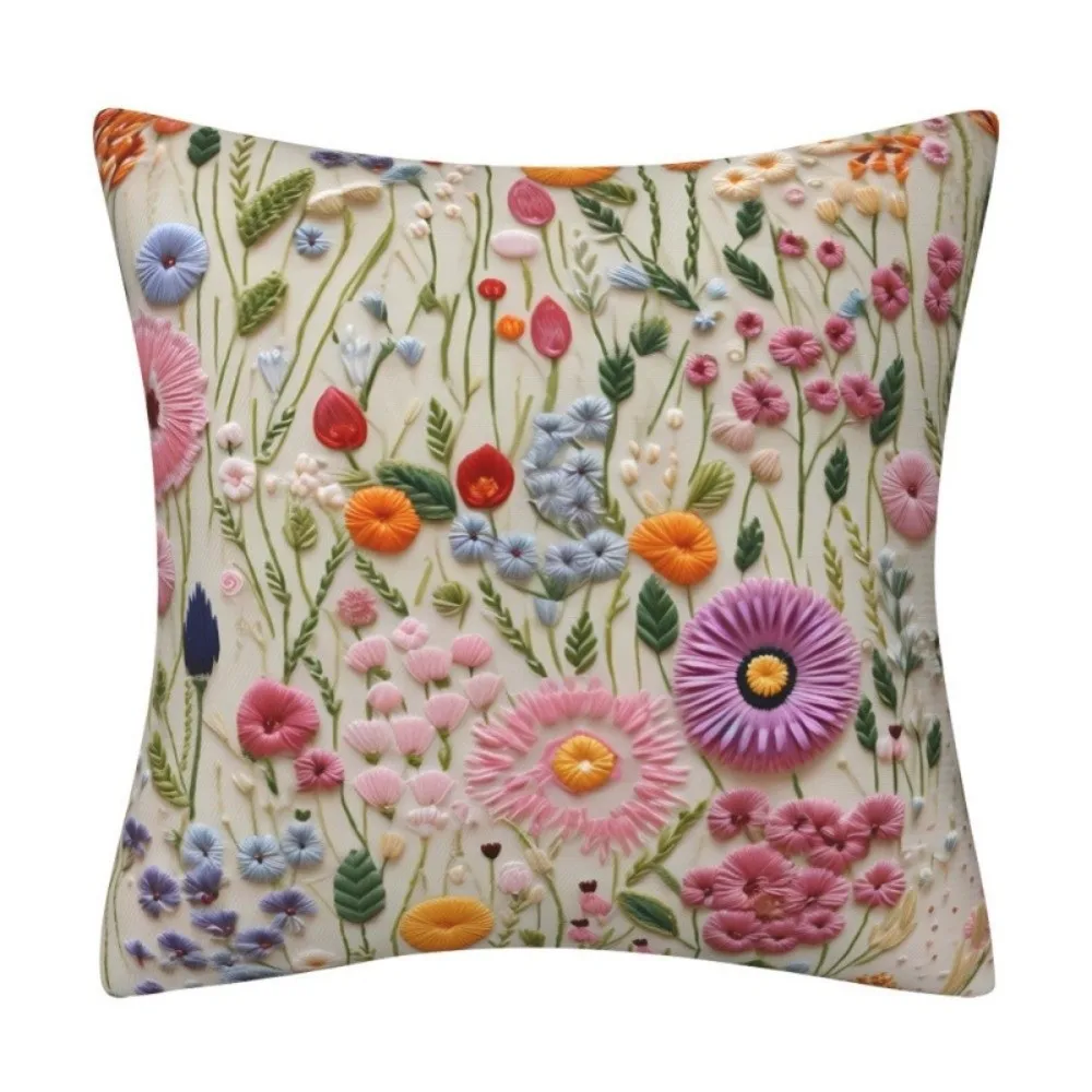 New 3D Embroidered Cushion Covers Flower Pattern Single Sided Pillow Covers 45 x 45 Square Linen Throw Pillow Covers Home Decor
