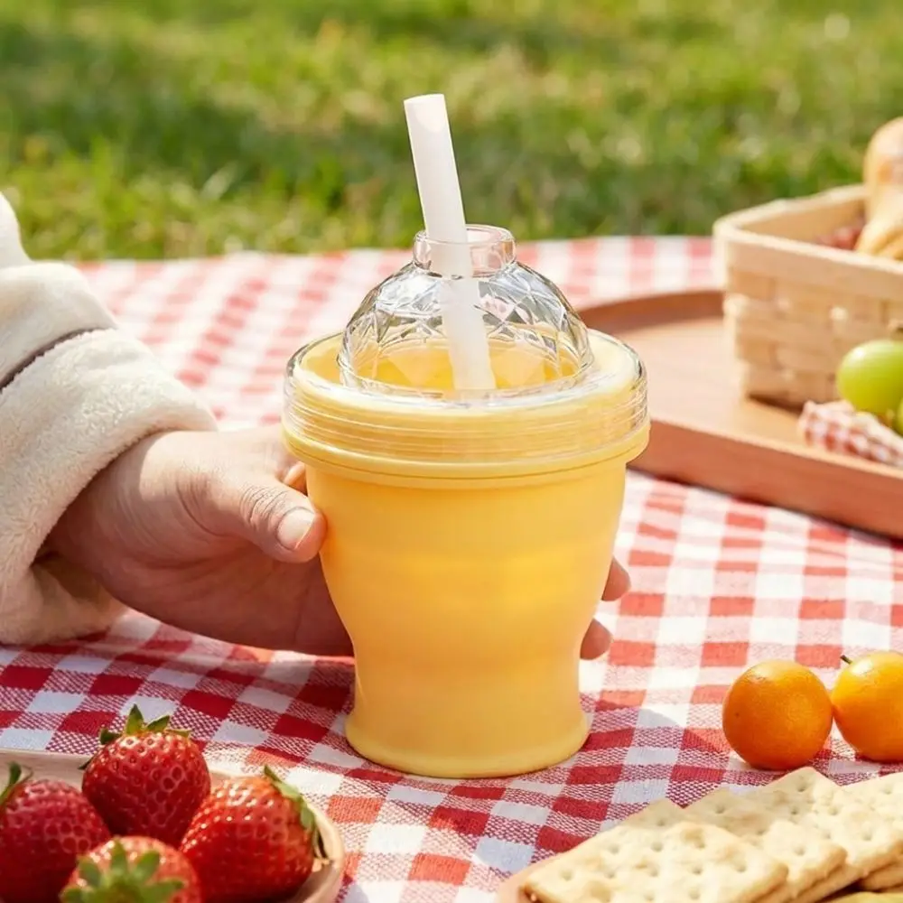 Collapsible 2-in-1 Ice Mold Cup Food Grade BPA-Free Folding Ice Ball Cup with Straw Lid Leak-proof Silicone Ice Ball Maker