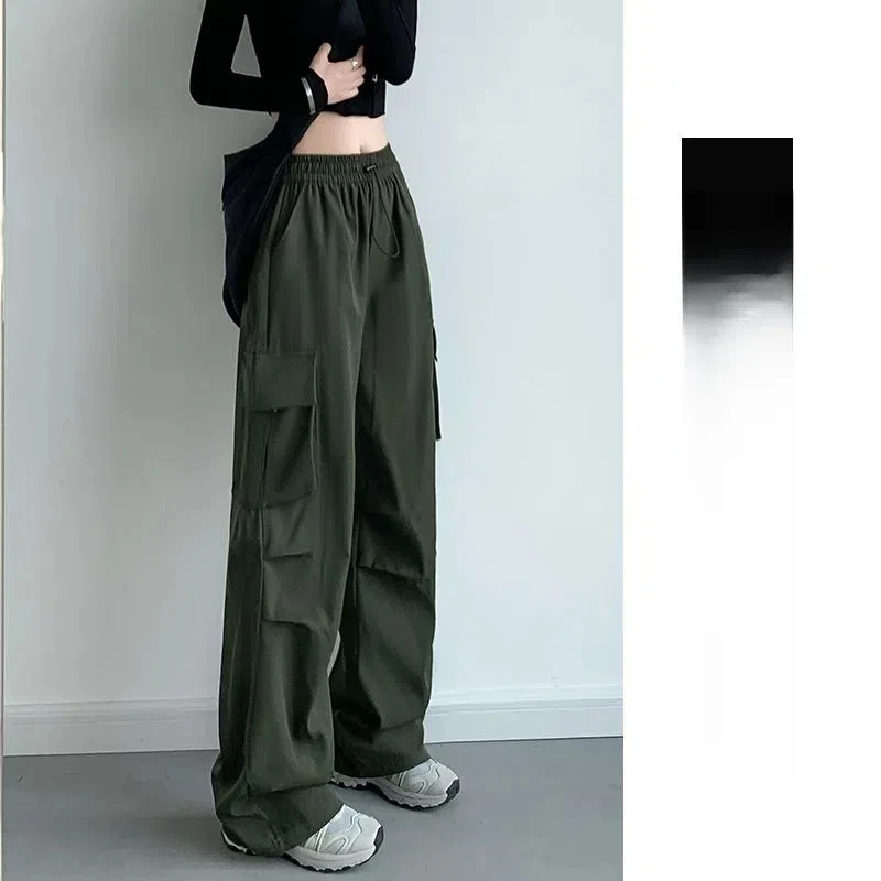 Abbigliamento da donna Primavera Autunno Coulisse Tinta unita Elastico Tasche a vita alta Pantaloni Pantaloni cargo larghi casual a gamba larga