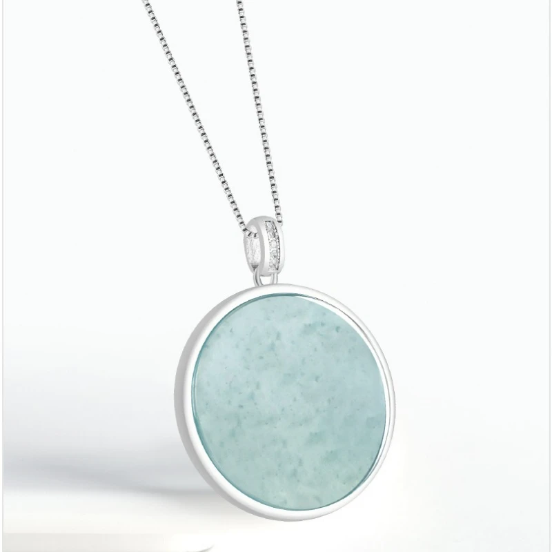 

Natural Jade Blue Water Ping An Round Brand Jadeite Pendant S925 Silver Ice Inlaid Necklace Fashion Simple Ladies Fine Gift