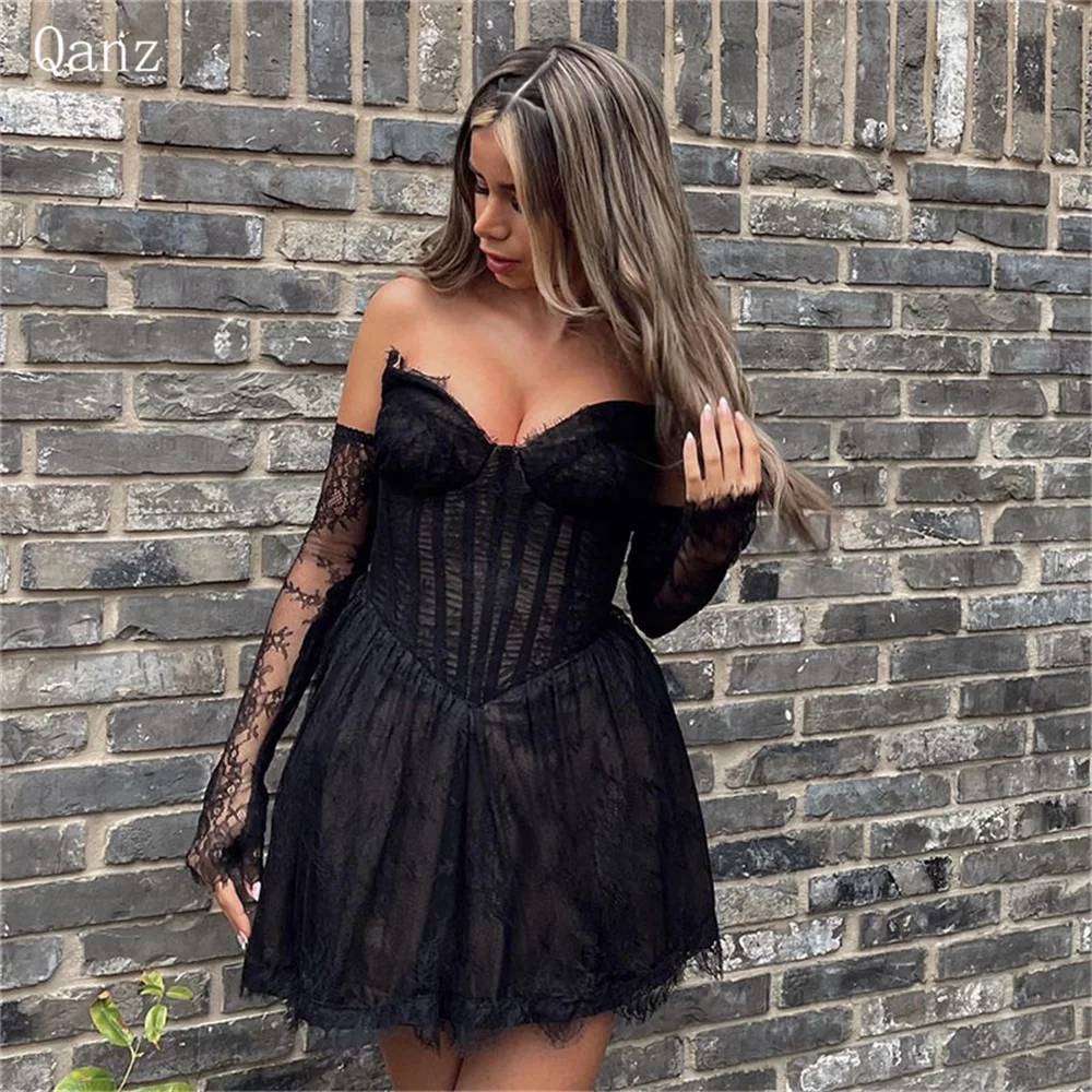 

Qanz Long Sleeves Sexy Prom Dresses Full Lace Sweetheart Robe Chic élégante Short A Line Corset Back Mini Birthday Dress Woman