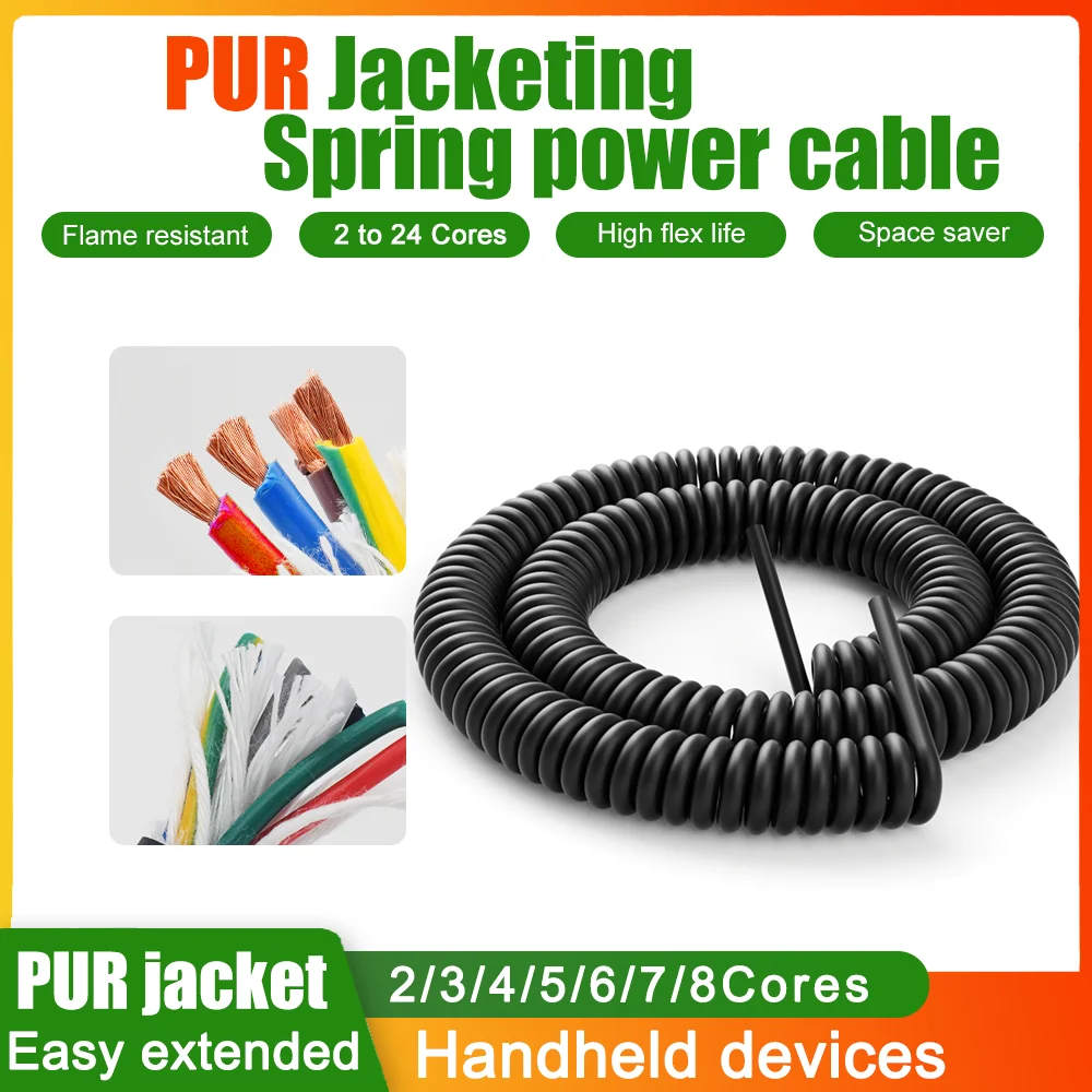 Spring Spiral Power Cable PUR Polyurethane Jacket Retractable Cord 2/3/4/5/6/7/8Core FlexibleTensile Extened Signal Control Wire