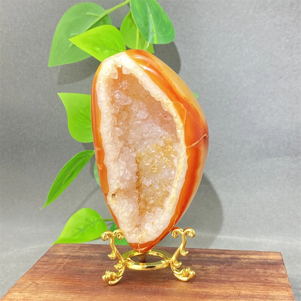 Natural Red Agate Geode Egg  Hand Mined And Polished  Carnelian Aura Ornament  Home Decoration + Base