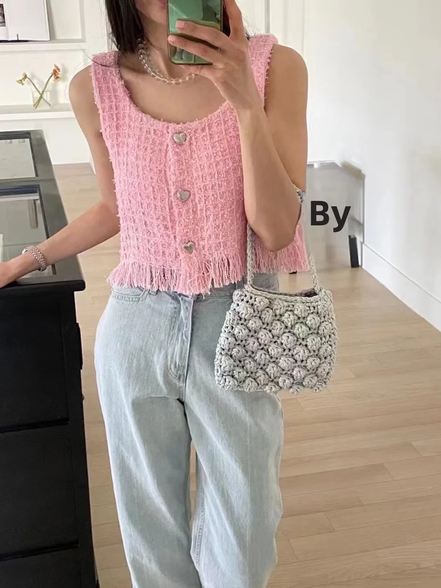 

Шикарный твидовый жилет, женский универсальный твидовый жилет с бахромой на пуговицах и сердечками, цветной летний верхний...