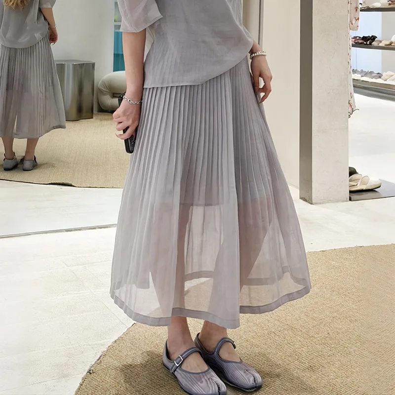 

Withered 2026 Summer Cool And Elegant Solid Color Pleated Perspective A-line Mid Length Fluffy Skirt