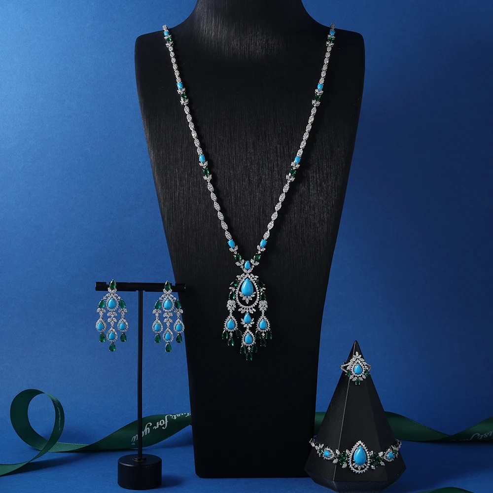 IN JEWELIFE Trendy Turquoise Zircon Long Necklace Earring Bracelet Ring Jewelry Sets for Women Party Luxury Wed Jewellery