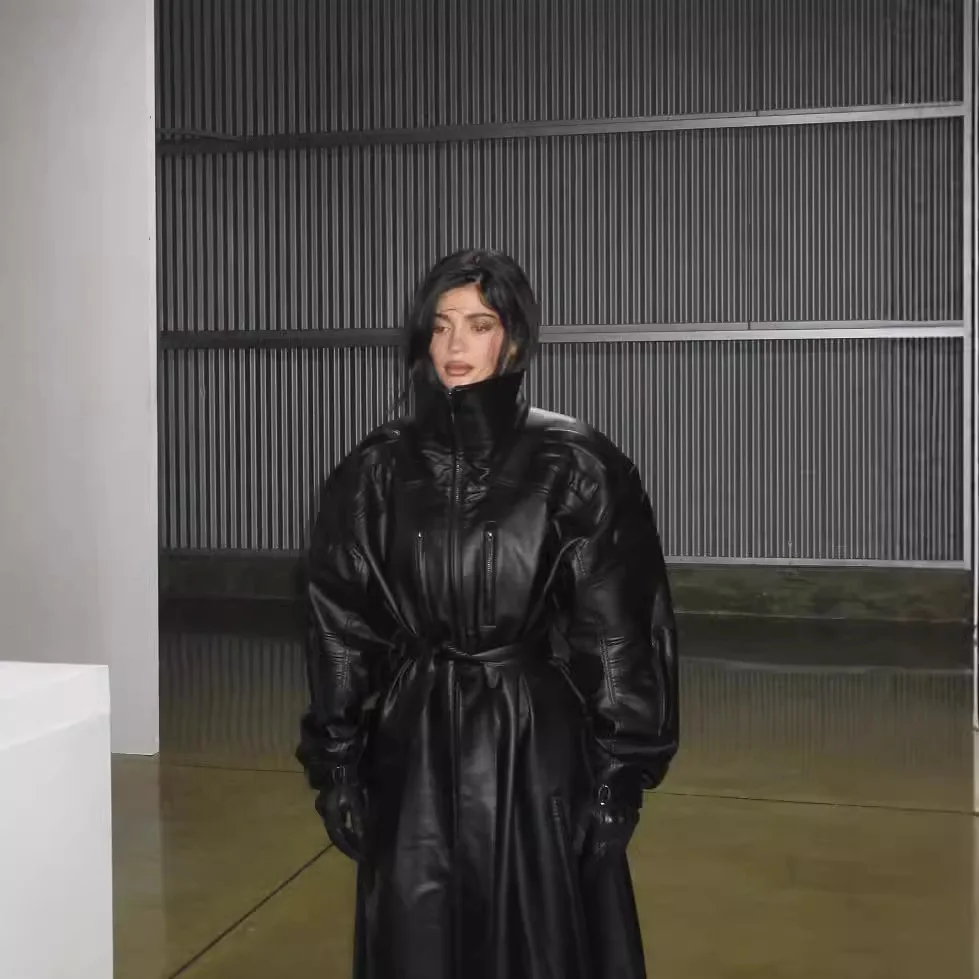 KHY Kylie same leather trench coat autumn and winter black white long jacket cape coat
