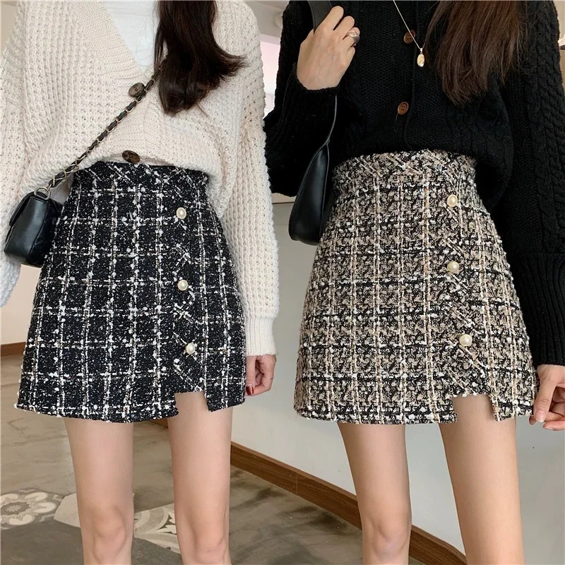 Women Elegant Tweed Mini Skirt High Waist Plaid A-Line Skort Irregular Split Pearl Button Slim Woolen Short Skirt Autumn Winter