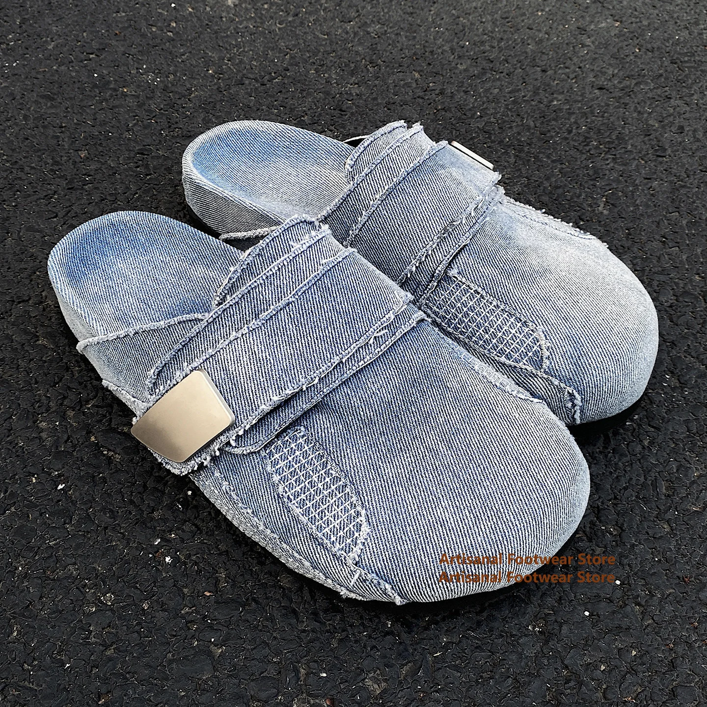 Light Blue Denim Closed-Toe Mule Slides Vintage Washed Denim Platform Slip On Mules Slippers Summer Sandals Trendy Men's Shoes