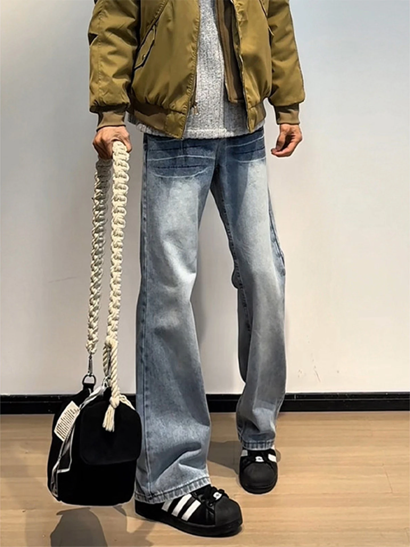 

Cleanfit Голубые расклешенные джинсы с рисунком молний, мужские брюки с прямыми штанинами на подкладке в американском стиле High Street Fce