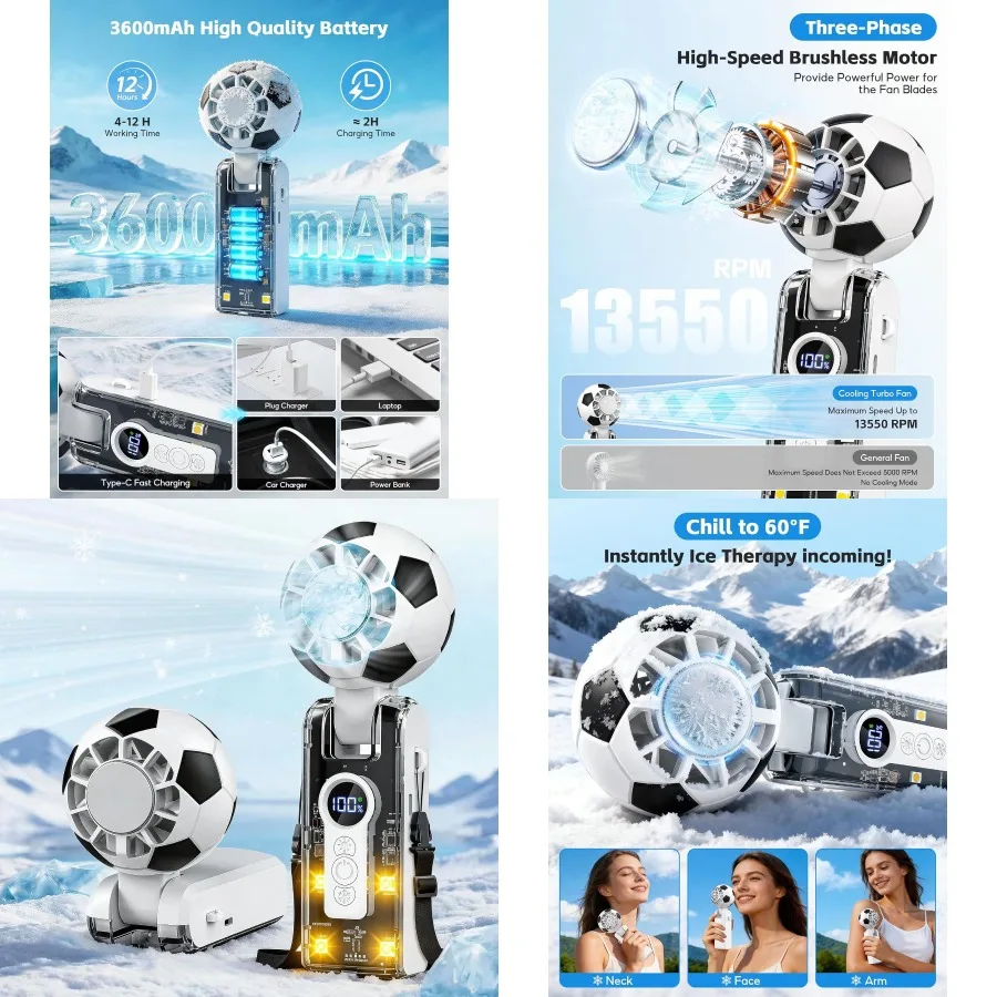 

Portable Handheld Turbo Fan with Cooling, Rechargeable Soccer Personal Fan, Powerful 5 Speeds 4-Mode LED 180° Foldable, Up to 1