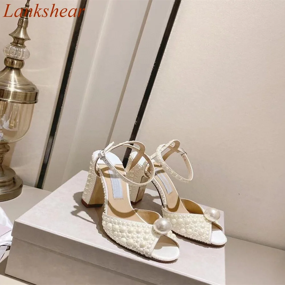 Peep Toe Pearl Women Sandals Square Heel Slingback White Spring Buckle Strap Wedding Fashion Sexy Women Shoes 2024 New Arrivals