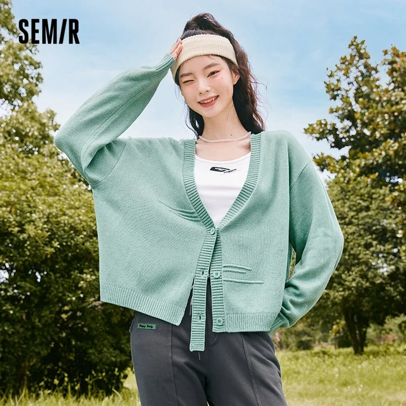 Semir Knitwear Women Short Suspenders V-Neck Cardigan Simple 2022 Autumn New Loose Two-Piece Ladies All-Match