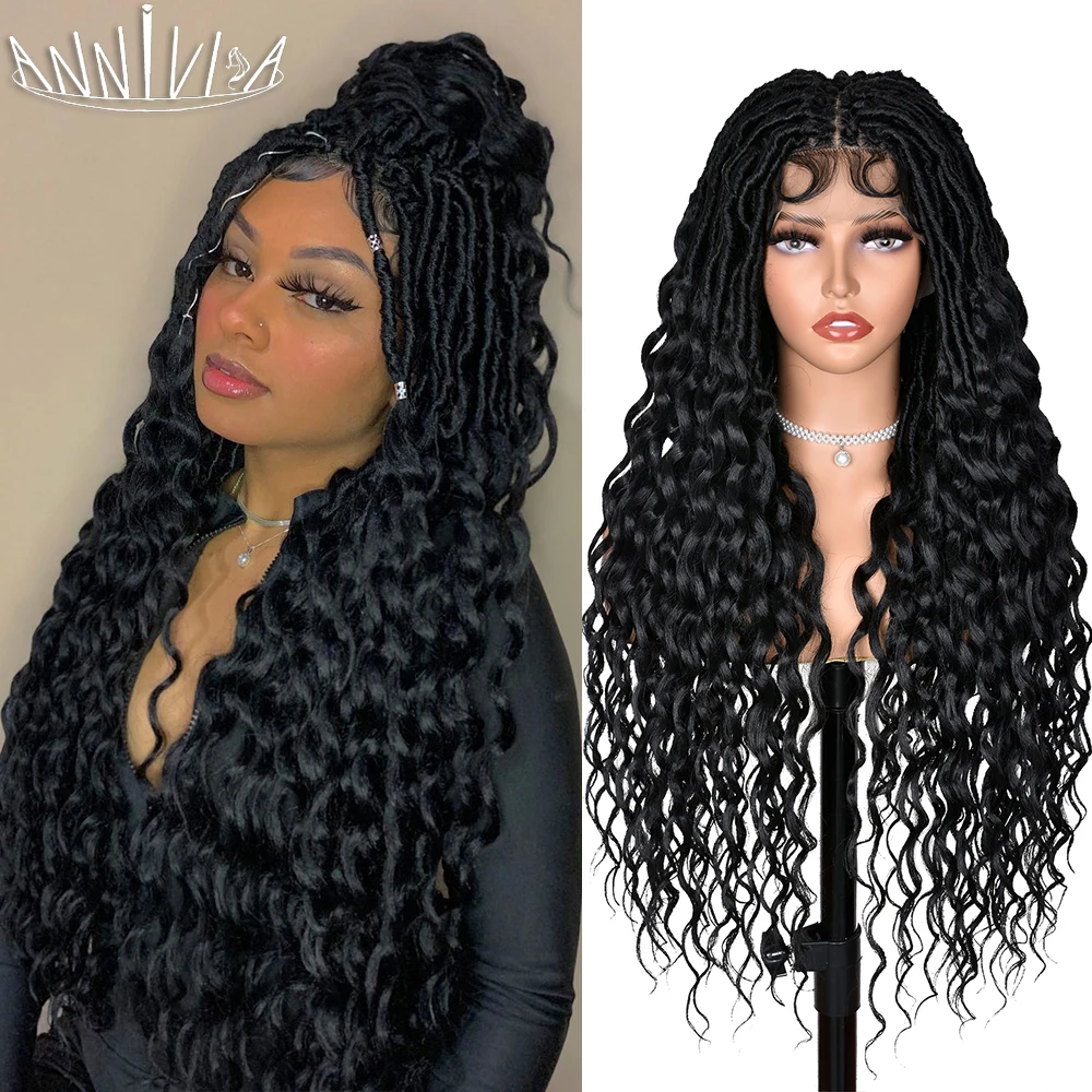 

32 Inch Full Lace Braided Wigs Locs Crochet Braids Hair For Black Women Soft Wavy Curly Ends Knotless Synthetic Lace Frontal Wig