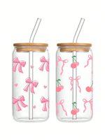 500ml Cute Bow Glass Cup Christmas Love Cherry Graffiti Pattern Water Bottle With Bamboo Lid Iced Coffee Cups Halloween Gift