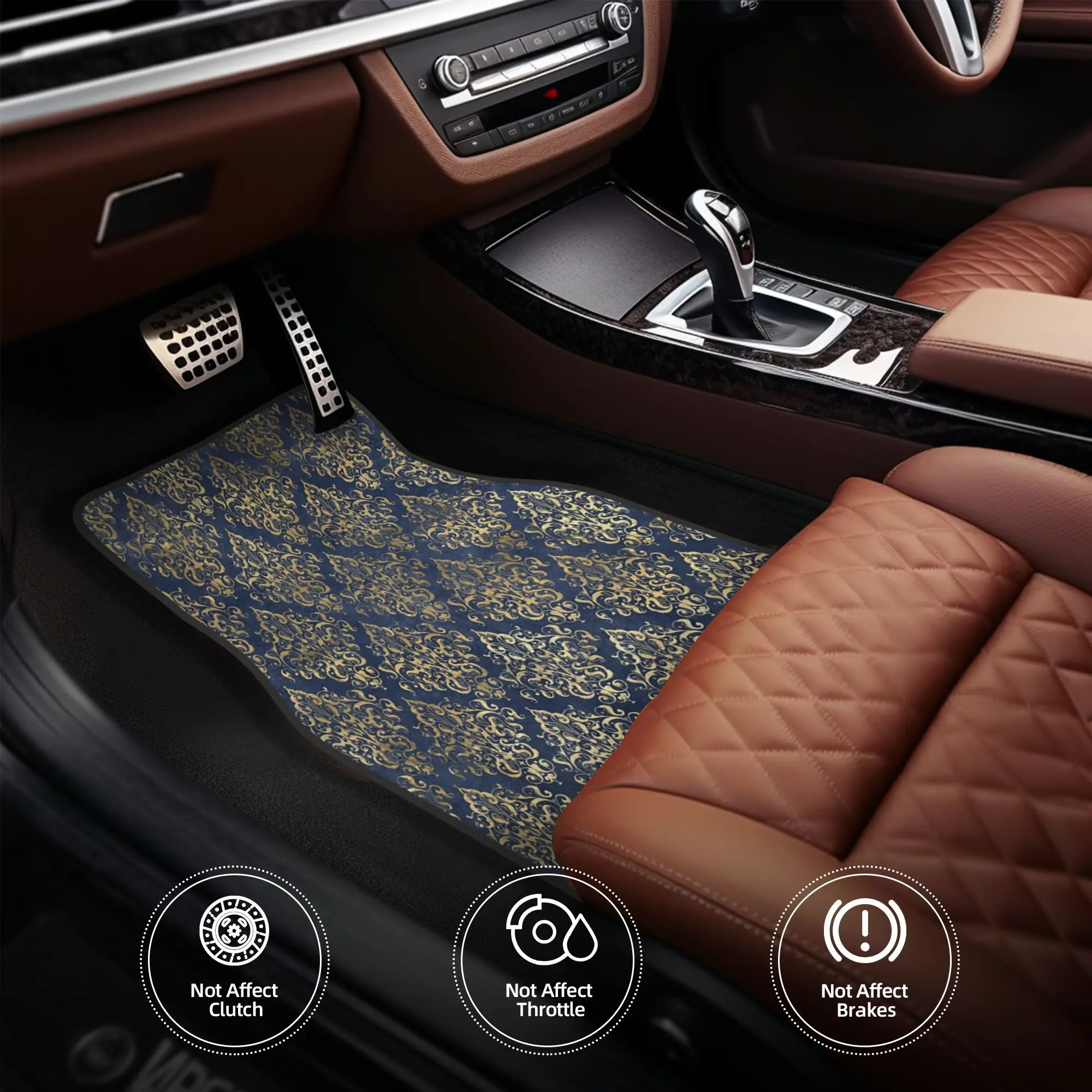 4pcs Luxury Blue & Golden Damask Car Floor Mats - Heavy-Duty Non-Slip Fit Auto Floor Liners, Elegant Vehicle Interior (Driver/Pa