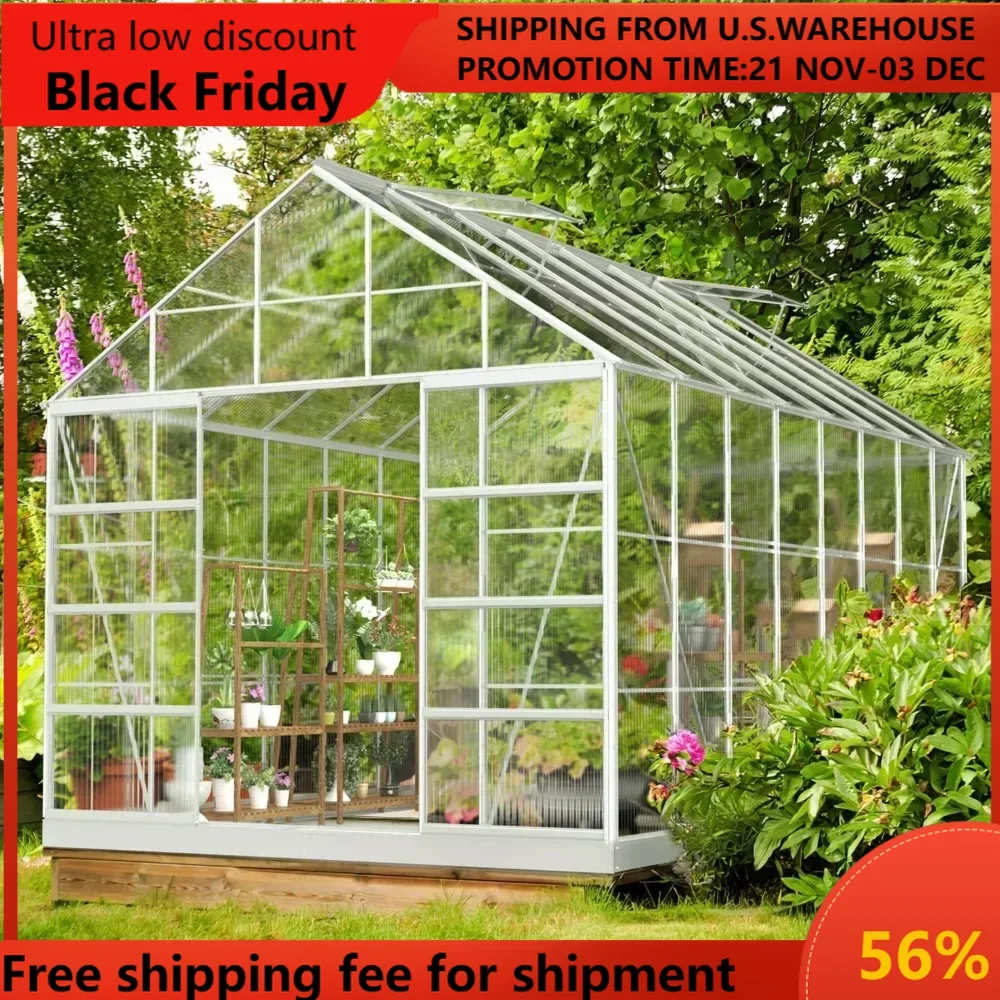 10' x 16' Outdoor Aluminum Greenhouse Polycarbonate with Adjustable Roof Vent and Sliding Door for Backyard Garden in Winter