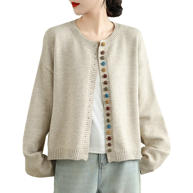 

New Spring Autumn Women Vintage Colored Single Breasted Cardigan High Quality Elegant Solid Color Losse Fit Knitted Cardigan Top