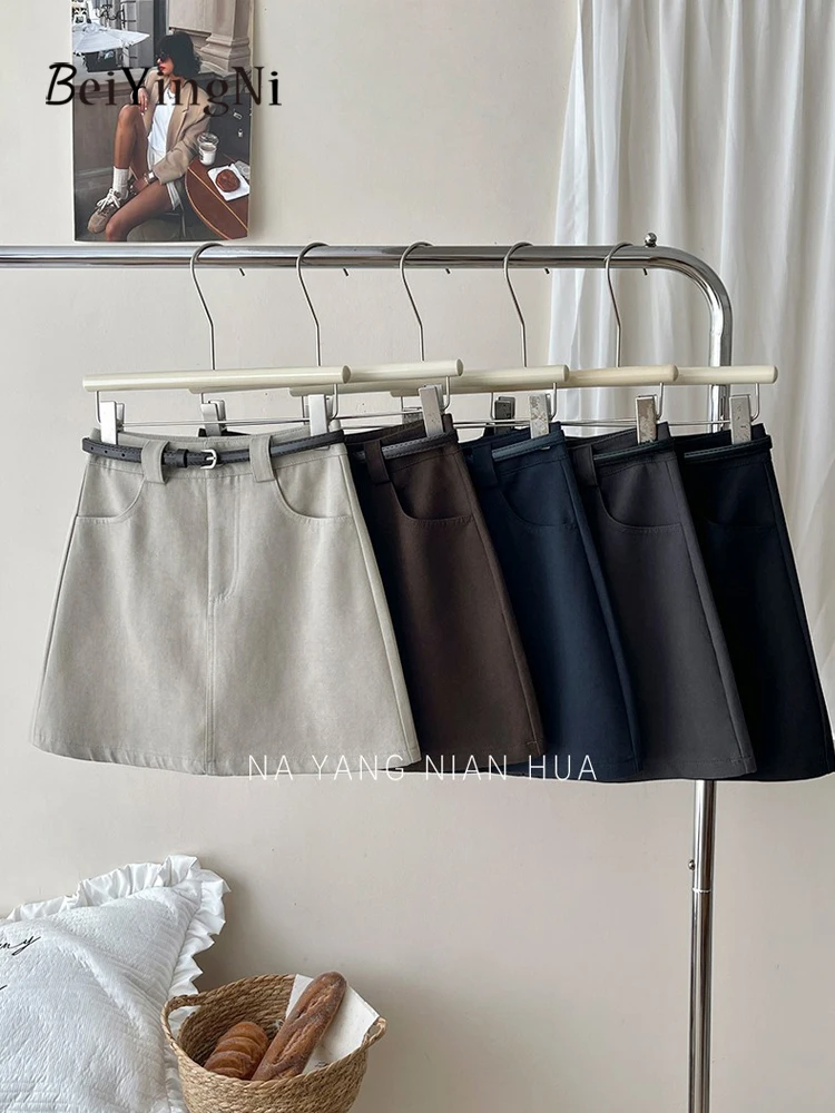 Beiyingni Koreańskie Eleganckie Krótkie Spódnice Damskie Casualowe Wyszczuplające Eleganckie Spódnice z Wysokim Stanem w Kształcie Litery A Uniwersalne Spódnice Garniturowe Damskie na Rok 2025