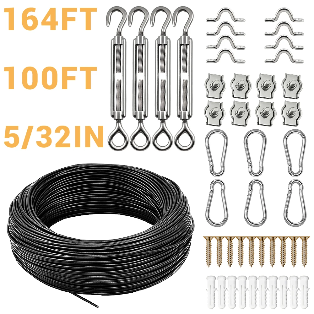

4mm Black String Light Suspension Kit Outdoor String Light Guide Wire Sunshade Sail Hardware kit PVC Coated Stainless Steel