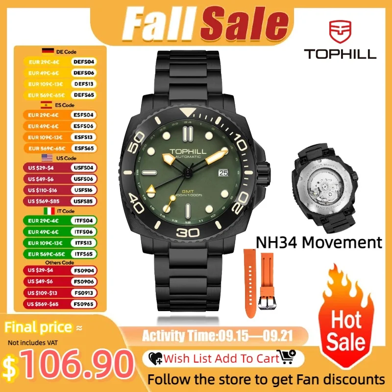 

TOPHILL NH34 Automatic Movement Submariner Wristwatch Diver watch 300M Men's watches GMT Mechanical watch