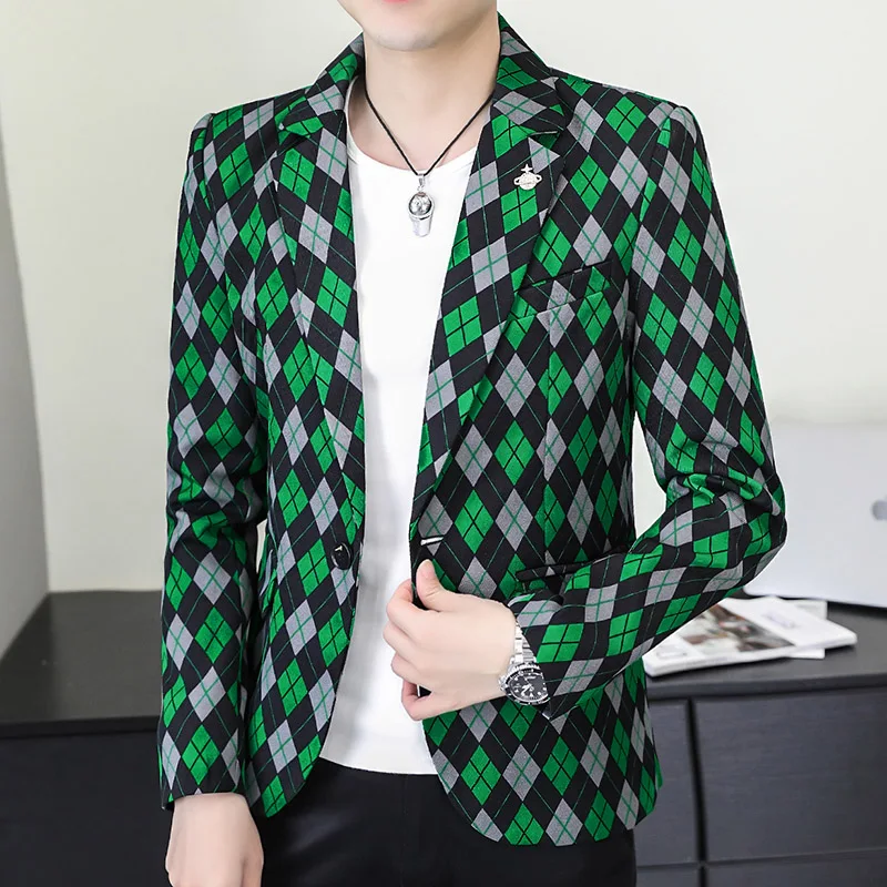 

New New Single-breasted Party Slimming Square Pattern Casual Suit Comfortable Trend Handsome Explosive Men's Clothing