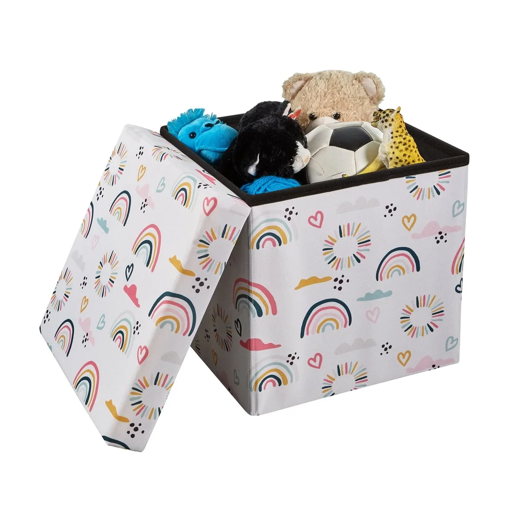 Foldable Collapsible Toy Storage Bin Rainbow Heart Design Kids Room Organizer Multi-Color Cube Storage Chest Clutter Management