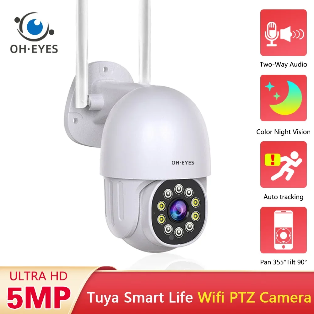 

Tuya Wi-Fi PTZ IP-камера безопасности, уличная 5MP Smart Life, цветная камера ночного видения, беспроводная камера видеонаблюдения, 2-стороннее аудио