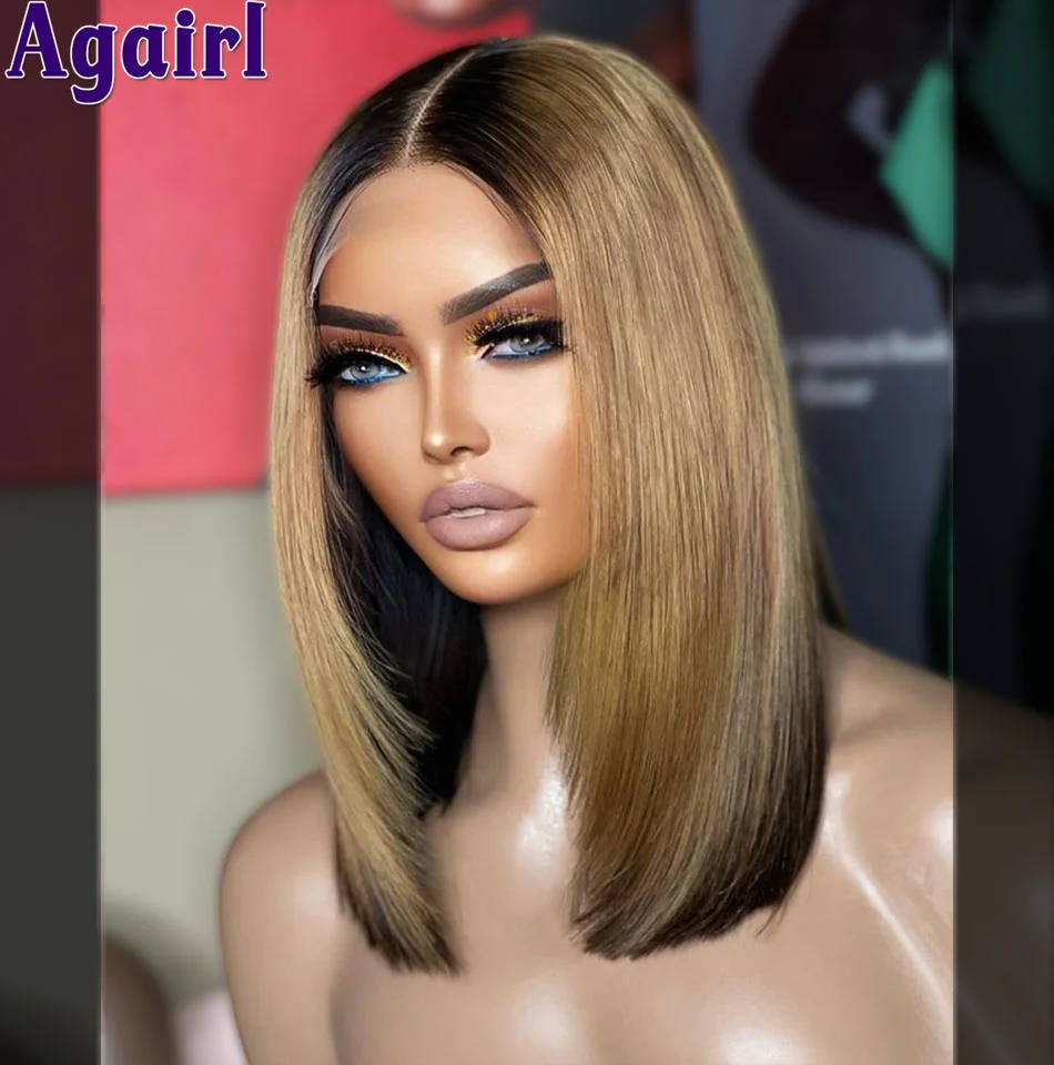 Perruque Bob Lace Front Wig naturelle lisse, cheveux courts, pre-plucked, blond ombré, noir, pre-plucked, densité 200%