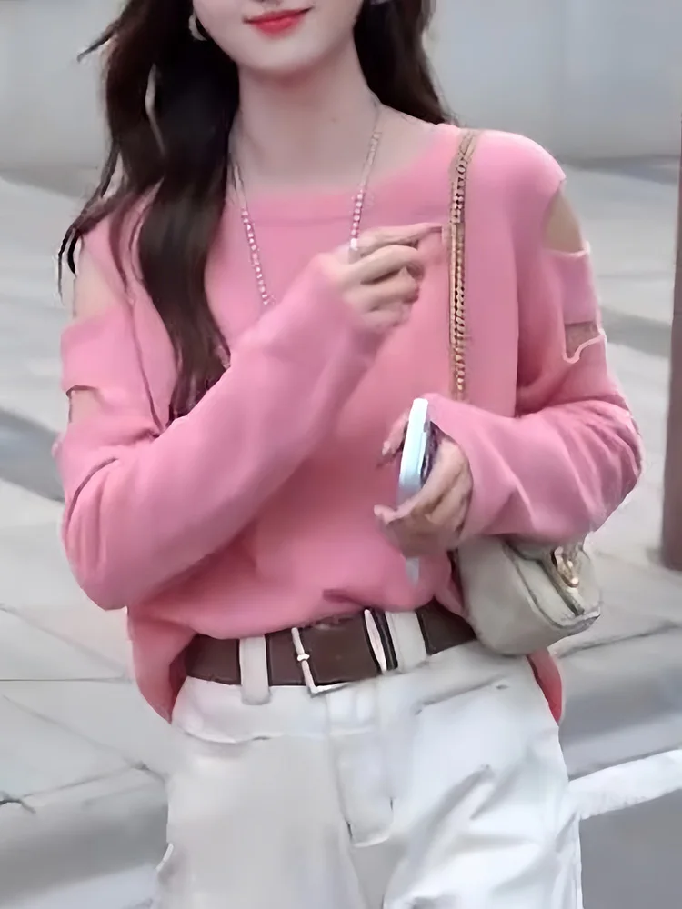 

Korean Sle Long Sve oulder Bared Knitted Sweater Faionable Simple Design Autumn New Arrival Warmth Maintaining Women...